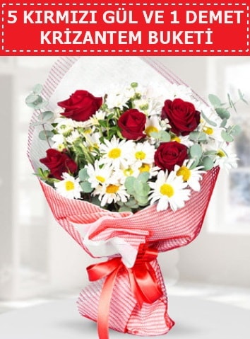 5 adet kırmızı gül ve krizantem buketi  Niğde İnternetten çiçek siparişi 